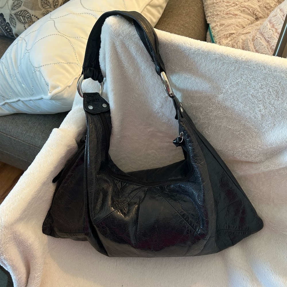 HOBO Black Leather Shoulder Bag with Textured Finish